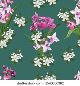 Ground orchid flower seamless pattern vector illustration