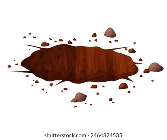 Agujero de tierra en caricatura con piedras y tierra. Sucia excavación subterránea marrón o mina, madriguera, pila. Ilustración vectorial aislada sobre fondo blanco