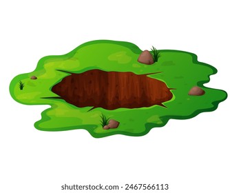 Agujero de tierra en caricatura con piedras y tierra. Sucia excavación subterránea marrón o mina, madriguera, pila. Ilustración vectorial aislada sobre fondo blanco.