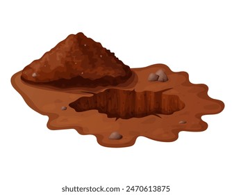 Agujero de tierra en caricatura con piedras y tierra. Sucia excavación subterránea marrón o mina, madriguera, pila. Ilustración vectorial aislada sobre fondo blanco.