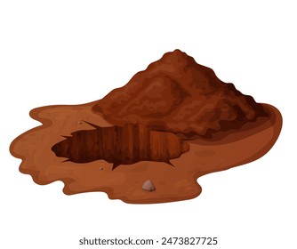 Agujero de tierra en caricatura con piedras y tierra. Sucia excavación subterránea marrón o mina, madriguera, pila. Ilustración vectorial aislada sobre fondo blanco.