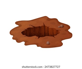 Agujero de tierra en caricatura con piedras y tierra. Sucia excavación subterránea marrón o mina, madriguera, pila. Ilustración vectorial aislada sobre fondo blanco.