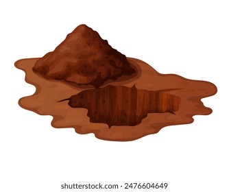 Agujero de tierra en caricatura con piedras y tierra. Sucia excavación subterránea marrón o mina, madriguera, pila. Ilustración vectorial aislada sobre fondo blanco.