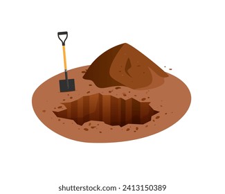 Ground pit and pile with a shovel. Cartoon hole in a soil. Vector illustration isolated on a white background.