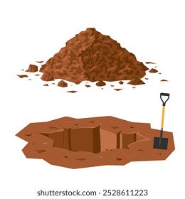 Fosso térreo com uma pá. Furo de desenho animado em um solo e um monte de terra perto dele. Ilustração vetorial isolada em um fundo branco. Clipart para construção, projetos agrícolas, ambientais.