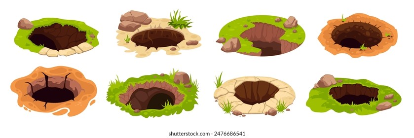 Pozos de tierra. Gran excavación de tierra, tierra agujero barro tierra superficie jardín bosque animal marmota madriguera entrada profunda subterráneo pozos conjunto de dibujos animados ingeniosa Ilustración vectorial