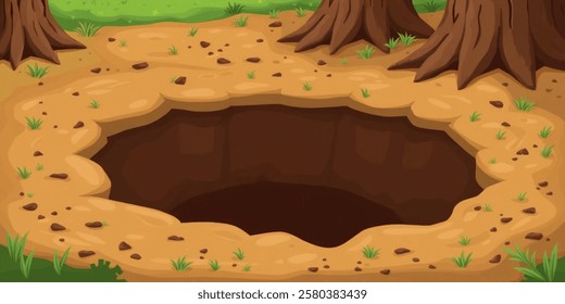 Ground pits. Big dig pit soil, earth hole mud land surface garden forest animal groundhog burrow entrance deep underground grounds holes. vector illustration