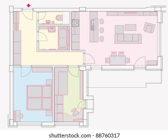 Ground plan of tree-room flat with furniture