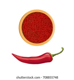 Ground of red hot pepper in wooden bowl with raw pepper pod. Vector illustration