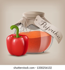 Ground red pepper in a glass jar and the fruit of the paprika. Vector illustration