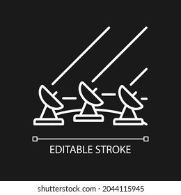 Ground Satellite system white linear icon for dark theme. Global telecommunications network. Thin line customizable illustration. Isolated vector contour symbol for night mode. Editable stroke