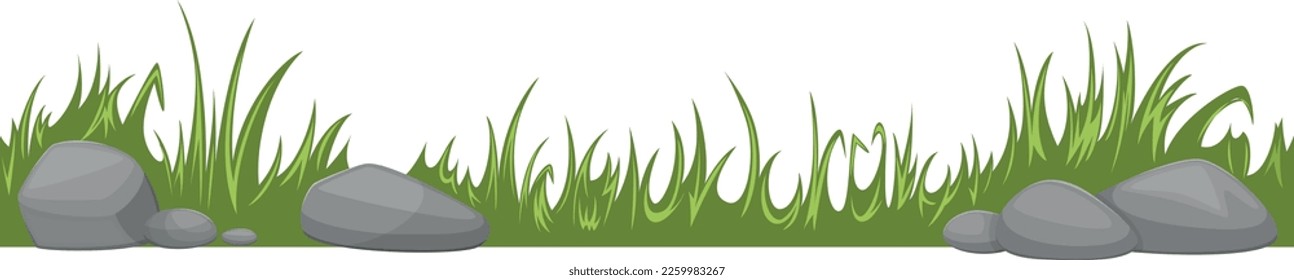 Ground seamless border. Cartoon grass and stones