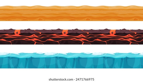 Ground in a section with different layers. Seamless pattern with land platforms for games. Vector illustration