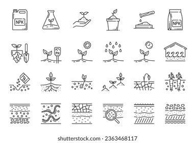 Ground soil, agriculture and agronomy line icons. Vector plant sprouts and seedlings, root vegetables and seeds in seedbed, greenhouse and farm field isolated signs with water, sun and fertilizer