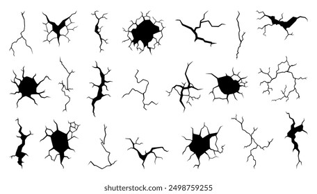 Ground split fracture line. Lines of dry cracks diverge in different directions. Black holes and crack, isolated traces of earthquakes neoteric vector set