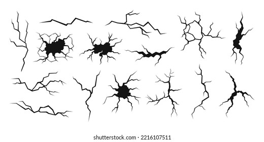 Ground split fracture line. Wall crack black silhouettes, earthquake effect. Fissure top view, surface damage and holes racy vector elements