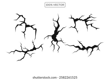 Ground split fracture line. Wall crack black silhouettes, earthquake effect. Fissure top view, vector template