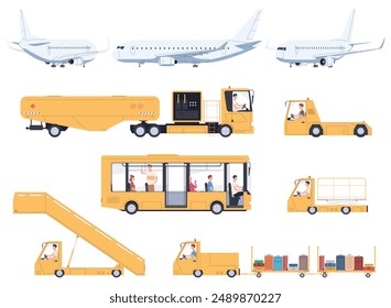 Ground staff and airline equipment. A team of aircraft maintenance workers. Preparing the plane for flight. Vector illustration