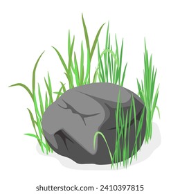 Ground stone with grass. Landscape design, boulders with plants, nature rocks cartoon vector illustration