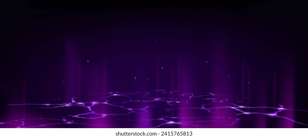 Ground surface with abstract light cracks. Vector realistic illustration of purple holes glowing on black background, mist and sparkling particles in air, magic energy effect, explosion demolition