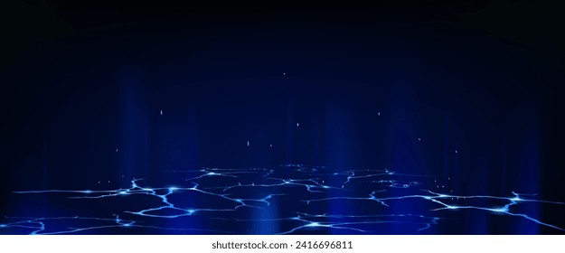 Ground surface with abstract light cracks. Vector realistic illustration of blue holes glowing on black background, mist and sparkling particles in air, magic energy effect, explosion demolition