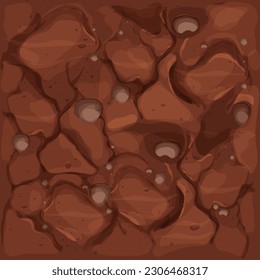 Ground texture, soil top view in cartoon style with stones and texture seamless. Game interface background, brown earth. 