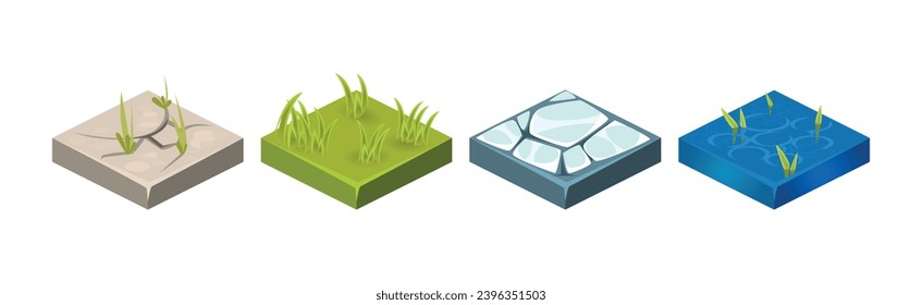 Ground Textures Game Surface and Platform Square Isometric Vector Template Set
