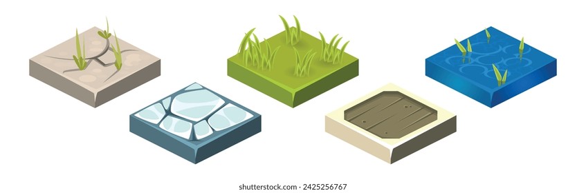 Ground Textures Game Surface and Platform Square Isometric Vector Template Set