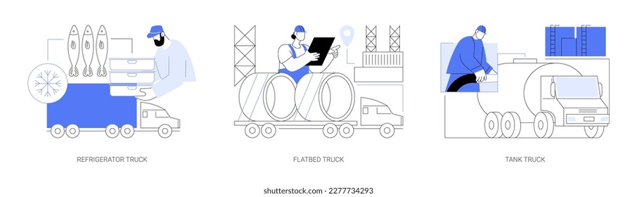 Ground transport abstract concept vector illustration set. Refrigerator truck, flatbed trailer, tank for liquid delivery, freight shipment, highway goods transportation abstract metaphor.