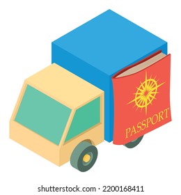 Ground transportation icon isometric vector. Delivery car, passport in red cover. Delivery, transportation, shipping