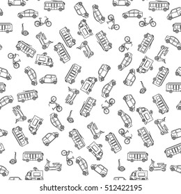 Ground transportation in linear style monochrome seamless pattern. Vector illustration