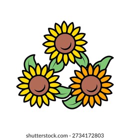 Ground Trio Sunflower Flat design style three flowers growing from soil for farm and garden scenes