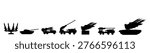 Ground troops soldiers army heavy weapon artillery vector silhouette illustration isolated. Patriot defense war battle machinery VS air strike. Howitzer. Rocket missiles launcher carrier. Tank cannon.