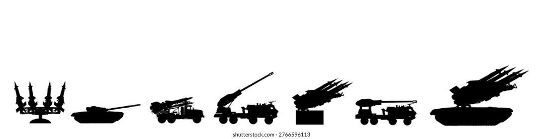 Ground troops soldiers army heavy weapon artillery vector silhouette illustration isolated. Patriot defense war battle machinery VS air strike. Howitzer. Rocket missiles launcher carrier. Tank cannon.