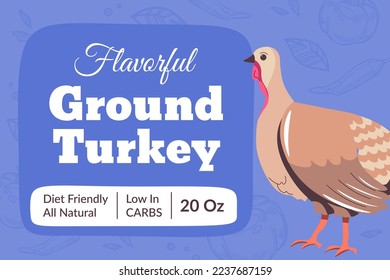 Ground turkey meat, diet friendly and all natural ingredients for eating and menu. Animal and foliage, low nutrition tasty meal. Package label, emblem or sticker for product. Vector in flat style