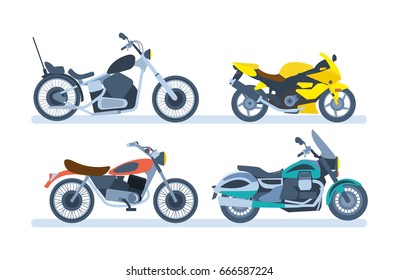 Ground vehicles. Transport modern motorbike with power engine. Different types of modern motorcycles: sports, tourist, classic, off-road. Vector illustration isolated on white background.