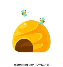 Ground Yellow Beehive And Bees, Natural Honey Production Related Carton Illustration