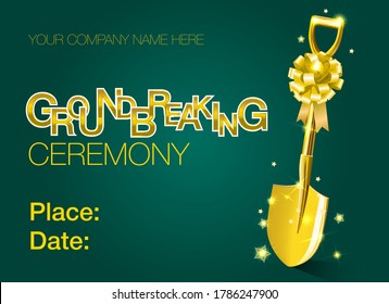 Groundbreaking Ceremony Banner With Golden Shovel Decorated With Ribbon Bow Vector Illustration