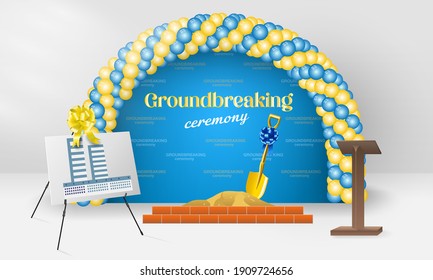 Groundbreaking ceremony for state-of-the-art building with balloons arch, plan of the future building, golden shovel, sand, bricks and podium tribune vector illustration