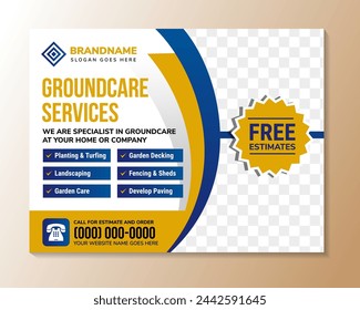 groundcare services flyer design template. Agricultural and farming services web banner or social media post lawn gardening template design. space for photo collage with gold ad blue element.