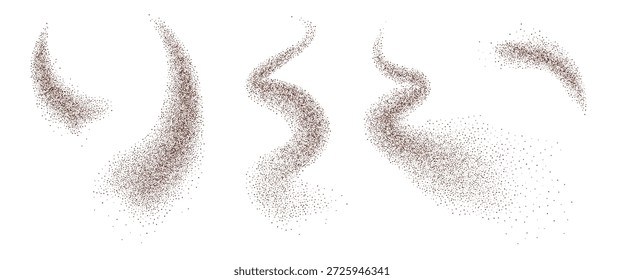 Geschliffener Kaffee oder Gewürzabstufung Fliegenhub Formen gesetzt. Körnige Textur spritzen wellige lange Elemente. Dunkelbrauner Sand bildet sich. Vektorgrau gewellte Linien. Grunge-Food-Figuren.