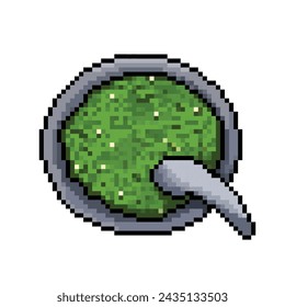 Grounded green chili or sambal uleg cabe ijo in stone mortar or ulekan tools. Pixel art retro vintage video game bit vector illustration. Simple flat cartoon art styled drawing.
