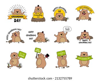 Groundhog animal badges. Cute wild animal on time loop repetition of days badges recent vector ads template collection