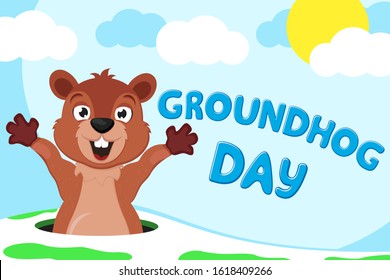 Groundhog is awake and stretching on nature background. Groundhog day.