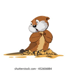 Groundhog came out of his hole and scared the shadows. Vector illustration on white background. 