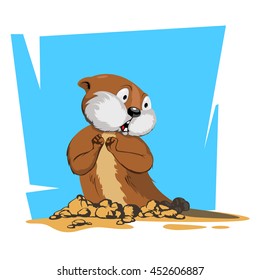 Groundhog came out of his hole and scared the shadows. Vector illustration on white background. 