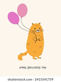 Groundhog cartoon animal rodent with balloons hand drawn festive card flat vector illustration Groundhog Day greetings, print ,flyer, poster, paper, template, design background with Marmot 2 February