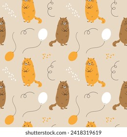 Groundhog cartoon animal rodent with balloons hand drawn seamless pattern festive background flat vector illustration Groundhog Day greetings 2 February design backdrop with Marmot children's ornament