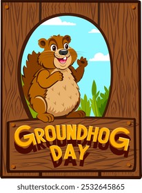 Groundhog cartoon character full length on nature background and flyer on wooden board groundhog day Vector