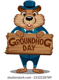 Groundhog cartoon character in suit and bowler hat holding wooden signboard groundhog day Vector